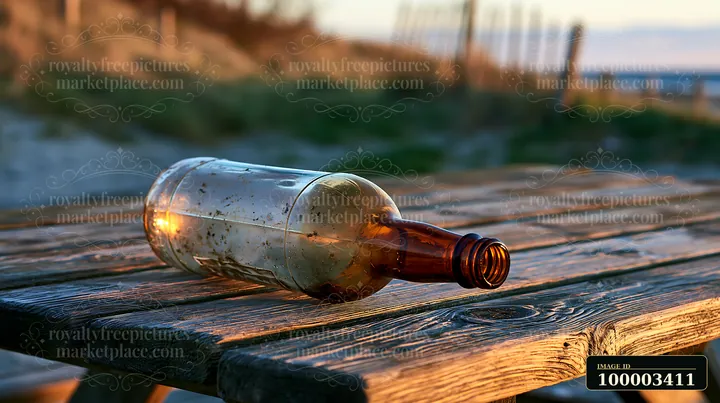 An empty bottle is placed on a wooden picnic table, reflecting sunlight during the evening.