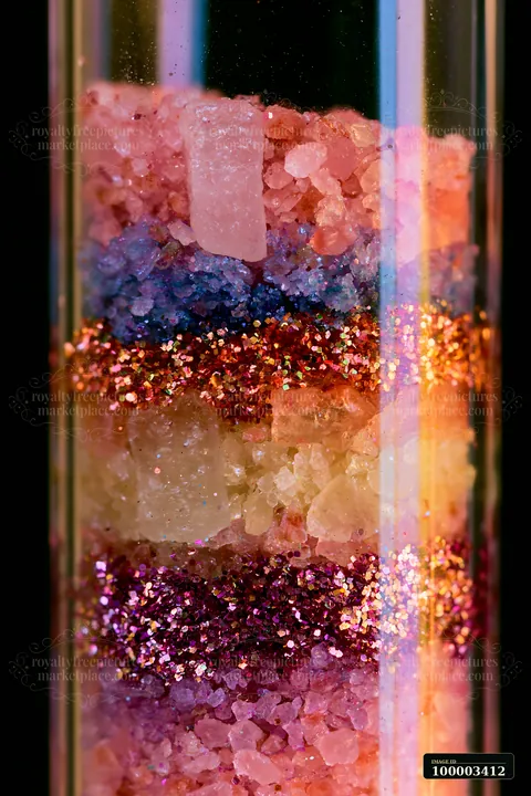 Colorful salt and glitter abstract pattern shows layers of different colored salts and glitter stacked in a clear container.
