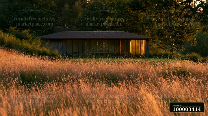 A garden room stands empty, with a view of a lawn bathed in warm sunset light.