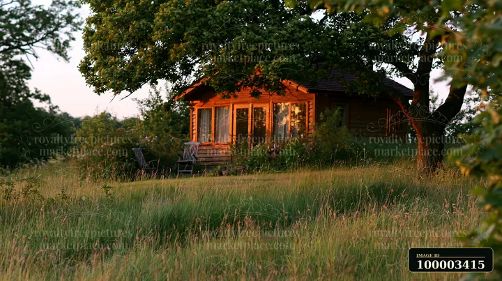 The scene shows an empty garden room with large windows, surrounded by green grass and trees, as the sun sets.