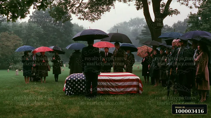 A group of people stands under umbrellas at a cemetery during a veteran funeral service, with a flag-draped coffin resting on the grass surrounded by trees.