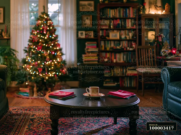 A warm Christmas living room features a decorated tree, a coffee table with books, and a cup.
