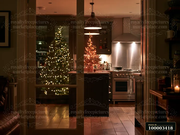 A cozy modern kitchen features a Christmas tree with lights reflecting in glass.