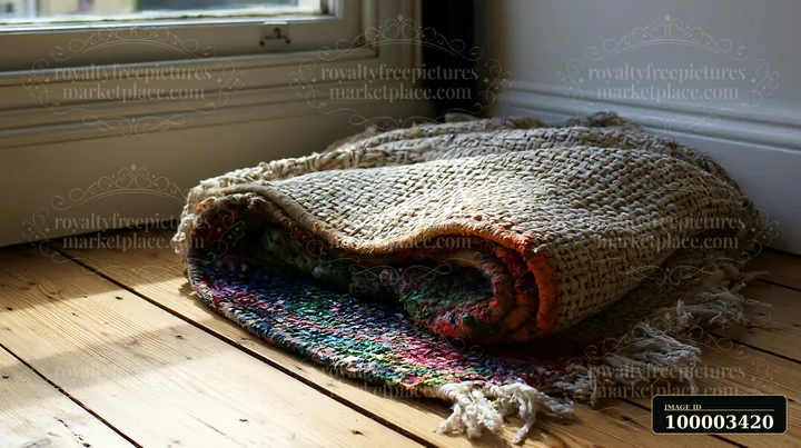Colorful paint residue on woven material lies on a wooden floor near a window.
