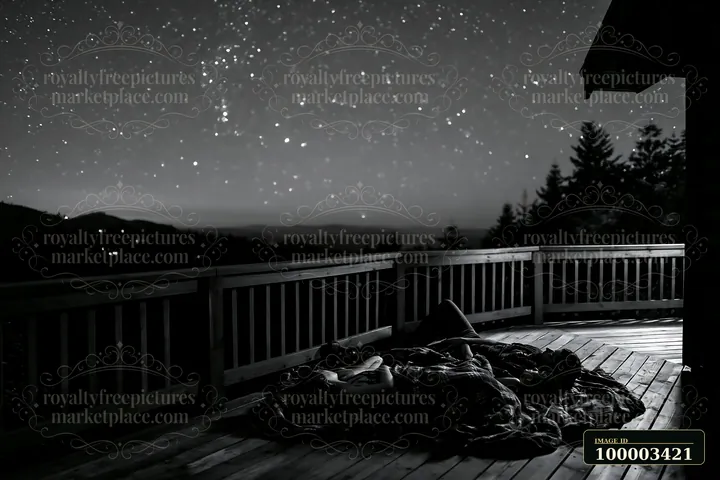A couple lying on a blanket beneath stars on a wooden deck in a remote area.