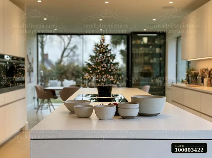 A modern kitchen features a sleek island with bowls and a view of a Christmas tree reflecting in the window.