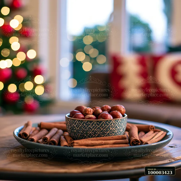 A cozy living room displays a tray with cinnamon sticks and nuts, set against a decorated Christmas tree and twinkling lights.