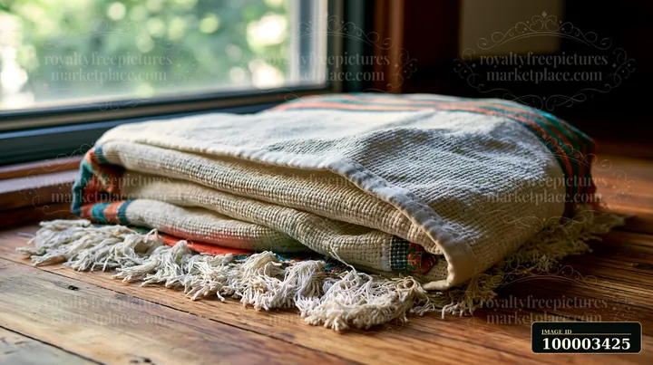 Colorful paint residue on woven material sits folded by a window on wooden flooring.