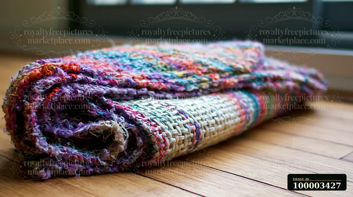 Colorful paint residue on woven material is visible on a rolled-up textile near a window.