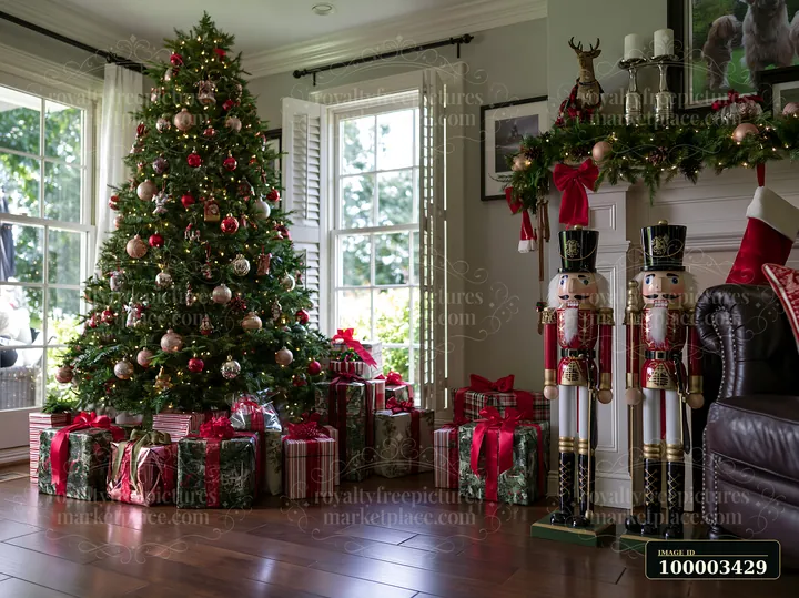 A Christmas living room features a tall tree adorned with ornaments, two nutcracker figurines standing next to gift-wrapped boxes.