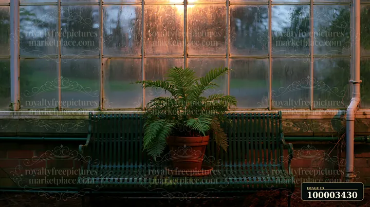 A fern in a pot sits on a metal bench in an empty garden conservatory.