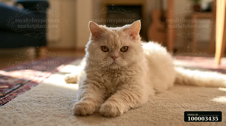A Selkirk Rex cat lounges on a carpet, stretching out with visible curly fur and focused eyes.