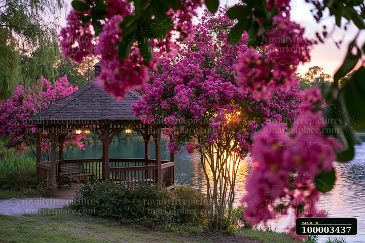 Pink flowering trees beside a lake create a scenic view near a wooden gazebo.
