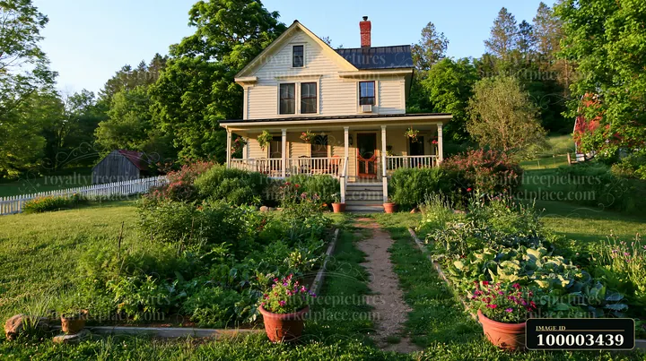 A restored farmhouse exterior features a welcoming porch surrounded by colorful flower pots and a manicured garden.