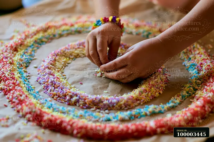 Hands arrange multicolor rice grains forming swirl on paper.