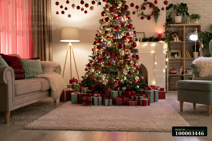 A living room features a decorated Christmas tree with hanging ornaments, surrounded by wrapped gifts.