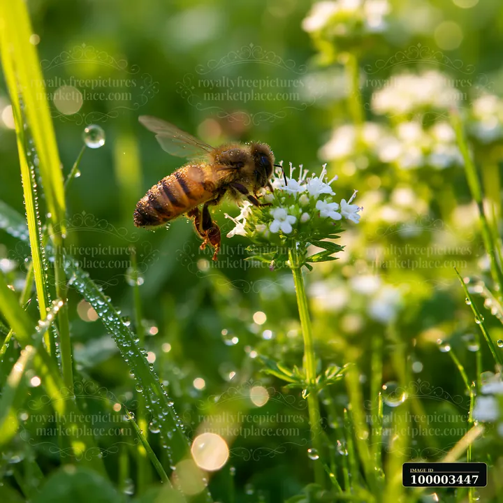 A bee is gathering nectar from white flowers surrounded by dew-covered meadow grass.