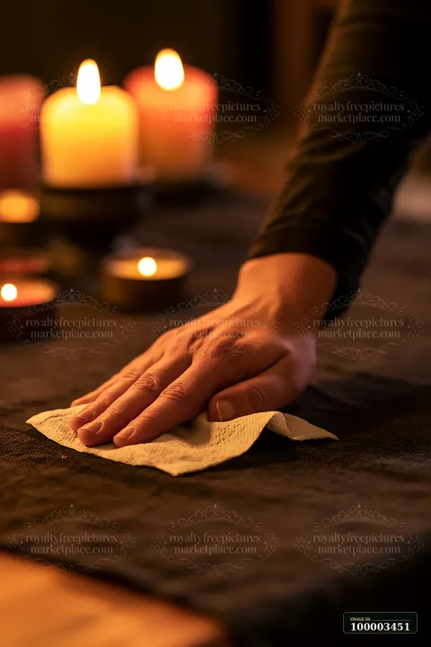 A person is using a paper towel blotting fabric stain on a dark table while candles are lit in the background, creating a warm atmosphere.