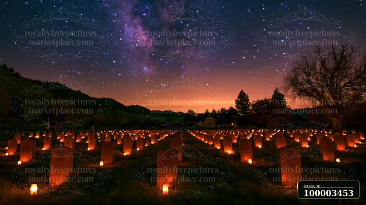 Memorial candles lining military graves under stars create a solemn scene in a graveyard.