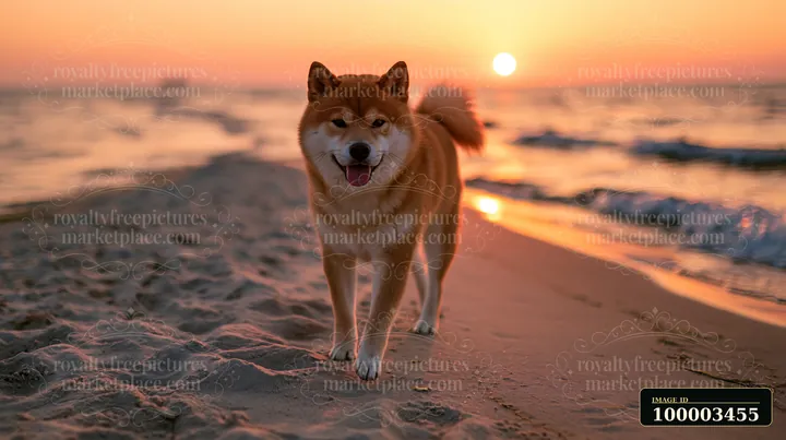 A Shiba Inu stands on the sandy beach at sunset, with the orange sun setting over the water.