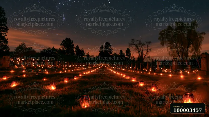 Memorial candles lining military graves under stars create a warm glow at a cemetery.