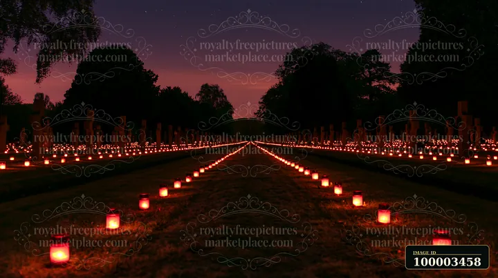 Memorial candles lining military graves under stars create a solemn atmosphere in a cemetery at night.