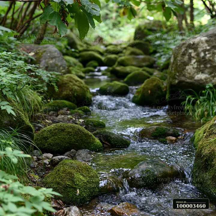 A small stream through mossy rocks runs gently in a forest.