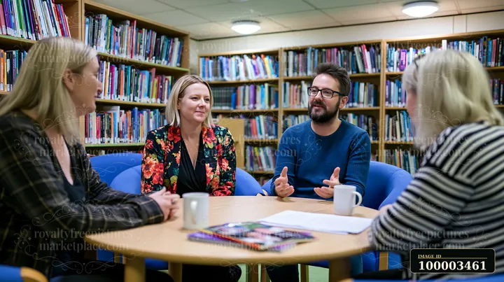 Parents meeting with a child protection specialist takes place at a library.