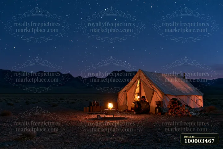 A tent is set up in a desert under a starry night sky.