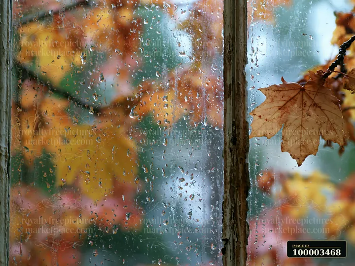 Raindrops collect on a rustic window pane, revealing colorful autumn leaves outside.