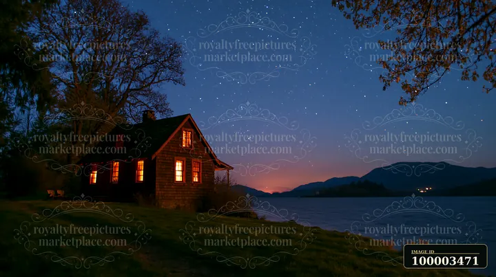 A cabin with warm lights stands by the lake shore under a clear night sky filled with stars.