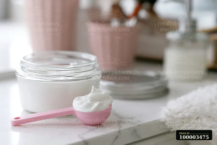 A cosmetic scoop holds a measured dose of cream next to a jar of the same cream on a bathroom counter.