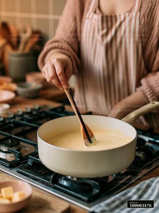 A person stirs a creamy mixture in a pot on the stove, surrounded by kitchen tools and ingredients.
