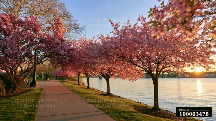 Flowering trees in golden afternoon light line a sidewalk next to a calm river.