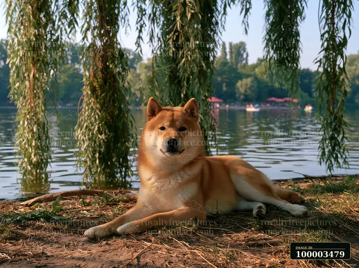 A Shiba Inu rests by a lake with trees hanging over the water.