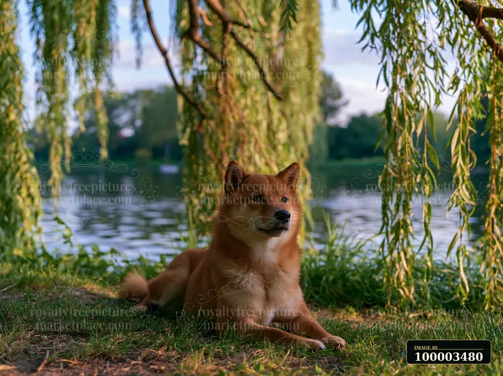 A Shiba Inu relaxes on the grass near a lake surrounded by trees and willow branches.