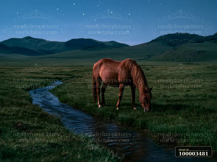 A horse in a starlit grassland grazes quietly near a stream.