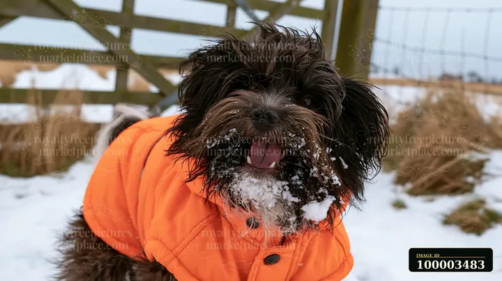 A rare dog breed wearing winter coat stands in snow, showcasing its playful side with snow on its face.