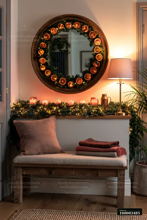 A warm Christmas living room shows a bench with soft cushions.
