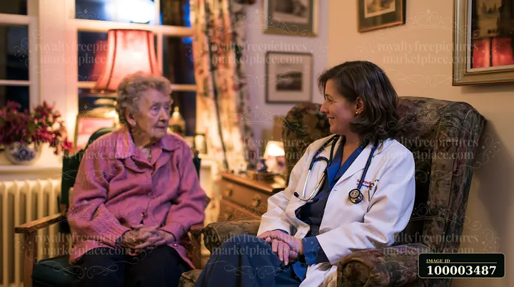 A doctor speaking with senior Alzheimer's patient sits in a comfortable room with warm lighting.