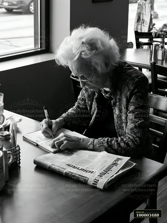 An elderly woman with Alzheimer's writing reminders in a notebook sits at a table in a bright cafe.