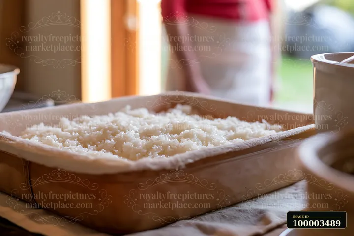 Sushi rice cooling on tray is prepared on a counter in a kitchen.