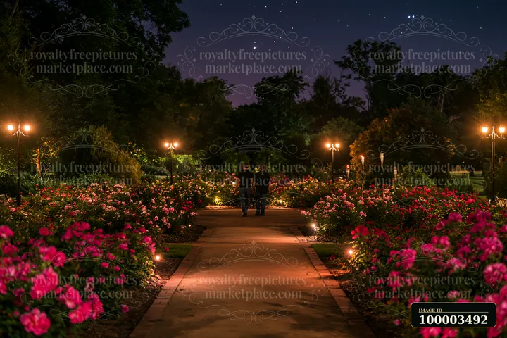 A couple walking away through rose garden under stars.