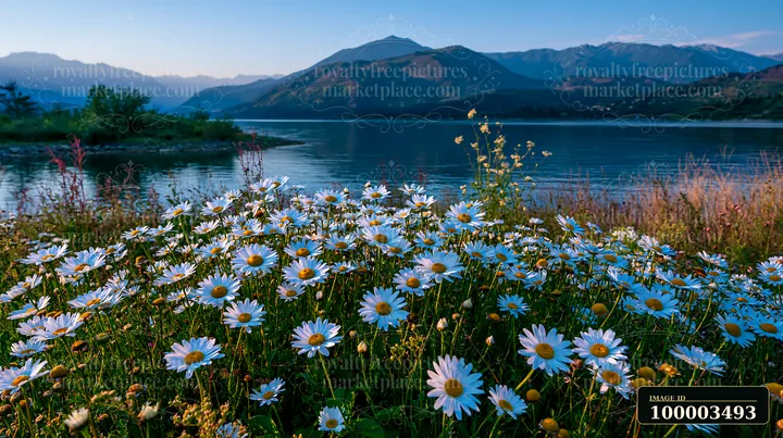 This scene features a vibrant field of flowers in the foreground with a clear view of mountains and a lake in the background.