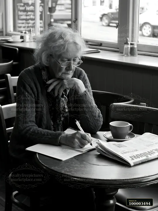An elderly woman with Alzheimer's is sitting at a table in a cafe, writing reminders in a notebook.