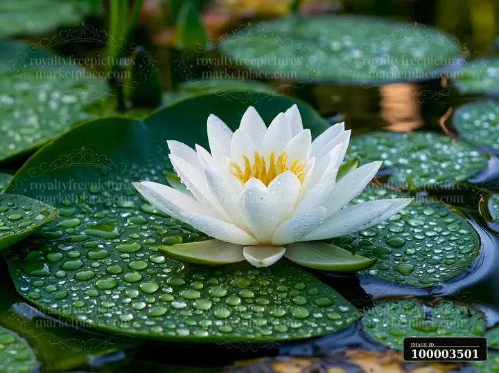 A water lily blooms in a pond surrounded by green leaves, covered in water droplets.