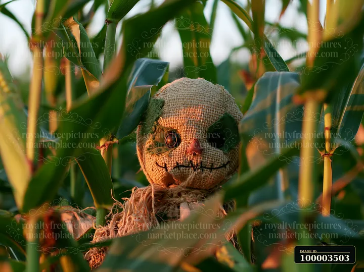 A scarecrow in a cornfield at sunrise stands among the green stalks, facing towards the light.