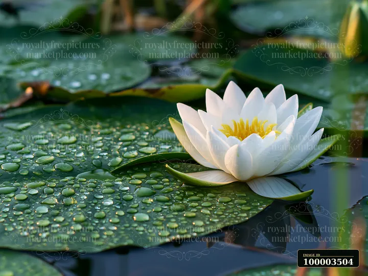 A water lily floats on a pond surrounded by green leaves with water droplets.