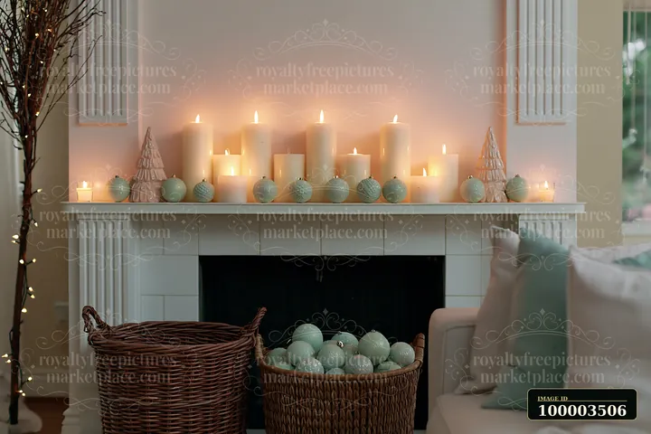 A Christmas living room with glowing candles on a mantelpiece.