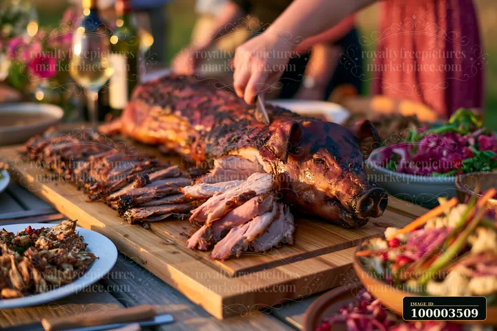A whole roasted pig is being sliced at a rustic outdoor feast.